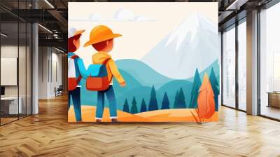 Two children, dressed in hiking gear with backpacks, walk towards a snow-capped mountain. The scene is vibrant, with colorful foliage and a clear, scenic view. Wall mural