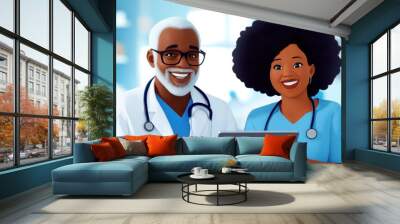 Two doctors, male and female, discuss medical information from a tablet in a professional office, embodying healthcare, teamwork, and modern medicine practices. Wall mural