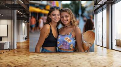 Two young women standing together, one holding a skateboard, smiling in an urban setting Wall mural