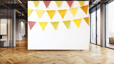 Hanging colorful bunting flags on white wall background. Yellow festive web banner. Festa Junina holiday, June Festival celebration concept. Decoration for birthday party. Generative AI Wall mural