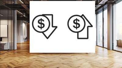 Money increase icon set. Flat design. Financial benefit concept. Losing money. Symbol of cost rising. Wall mural