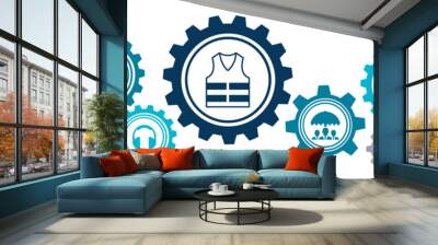 Health & safety vector illustration. Blue concept with icons related to industrial accident prevention, workplace safety training, industrial regulations, hazard warning, protective equipment. Wall mural