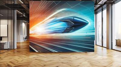 Science energy technology concept blue orange light streaks race track background speed digital domain gliding flash source future growth. Wall mural