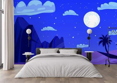 Night desert landscape mexican natural background with cacti rocks and dry deserted land under starry sky with full moon glow twilight picturesque nature parallax scene cartoon vector illustration Wall mural