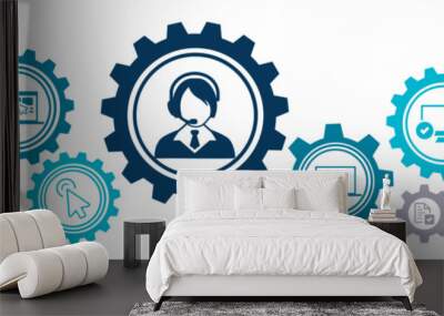 IT support vector illustration. Blue concept with icons related to IT helpdesk, hotline or helpline, remote or online tech support, technical assistance, specialist software support. Wall mural