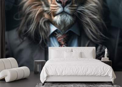 Lion dressed in an elegant and modern suit with a nice tie. Fashion portrait of an anthropomorphic animal, shooted in a charismatic human attitude Wall mural