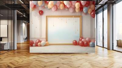 Balloons in varying sizes create a festive frame around an empty birthday canvas, inviting the lens to document the forthcoming celebration in exquisite detail. Wall mural