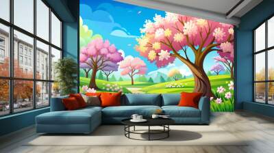 Blissful Spring Meadow Sunlit Trees and Blue Sky Wall mural