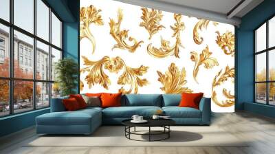 Isolated golden baroque floral elements on white. Wall mural