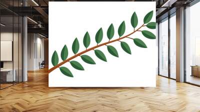 Large Horizontal Brown Branch with Green Eucalyptus Leaves on White Background Wall mural