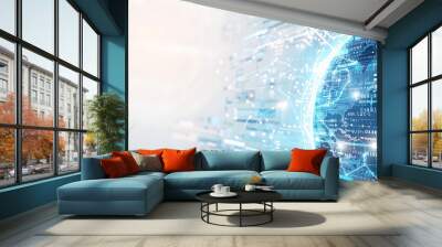 Minimalist Abstract Tech: Global Communication and Data Analysis on White Background, Cyber Exploration World Wall mural