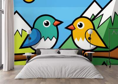 Mountain Perch Vector Illustration of Two Birds on a Branch Wall mural