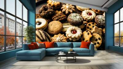 Chocolate biscuits and two cups of cappuccino Selection of sweet foods Wall mural