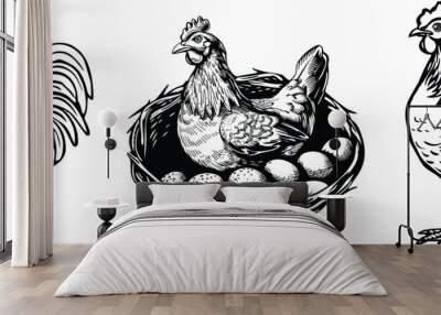 Set of chicken, farm animals, vector illustration. Wall mural