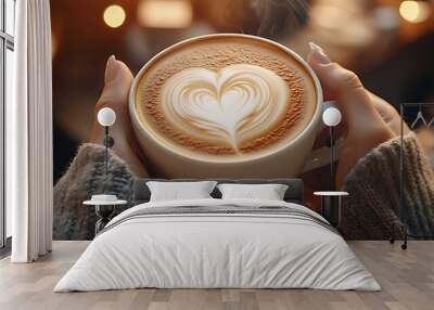 Hands holding a coffee cup with intricate heart-shaped latte art Generative AI Wall mural