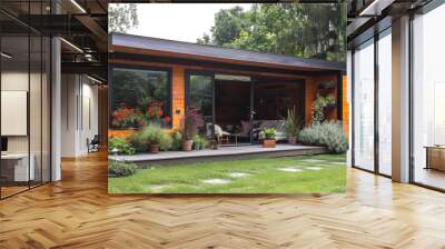 A modern residential outdoor garden featuring an array of heating, air conditioning, and ventilation (HVAC) units strategically installed for efficient climate control. Wall mural