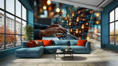 hands of a businessman use a laptop with a virtual padlock icons, cyber and data security concept Wall mural