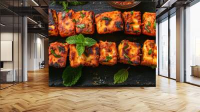 Paneer Tikka is a popular Indian appetizer made with cubes of paneer Indian cottage cheese marinated in a mixture of yogurt, spices, and lemon juice, then skewered and grilled Wall mural