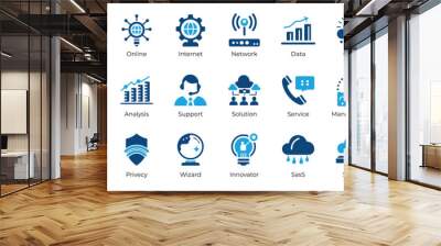 Information Technology icon set featuring essential elements like cloud computing, data analysis, AI, security, development, and more. Perfect for web design, presentations, and mobile apps. Wall mural