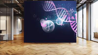 Digital of Virtual analysis chromosome DNA test of human in situations disease COVID-19 virus on hands in 3D illustration. Of free space for texts and creativity. Wall mural