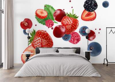 Mix berries smooth fruit Splashing of Tropical fruits isolated on white background. Vector in 3D illustrations. Wall mural