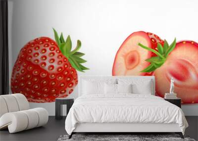 Strawberry fruits with strawberries slice of pieces element in the middle on white background. Realistic vector in 3D illustration. Wall mural