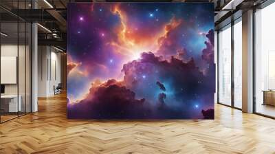 Digital artwork of a vibrant and colorful outer space scene with stars and milky way galaxy , abstract cosmos, nebula illustration background with fantasy color clouds Wall mural