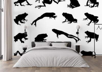 Black silhouettes of frogs on a white background Wall mural