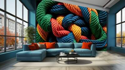 Team rope diverse strength connect partnership together teamwork unity communicate support. Strong diverse network rope team concept integrate braid color background cooperation empower power.  Wall mural