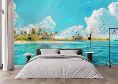 Tranquil tropical island with thatched roof huts, palm trees, white sandy beach, turquoise water, and a blue sky with white clouds. Wall mural