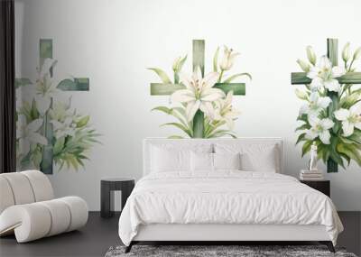 Christian cross and lily flowers watercolor. Vector illustration. Wall mural