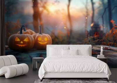 Halloween Extravaganza, Enchanting Night Sky & Pumpkin Set in Papercut Style - Vector Illustrations Featuring Full Moon, Witch's Cauldron, Spider Webs & Bats. Ideal for Posters & Brochures with Custom Wall mural