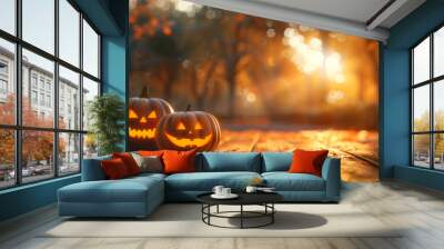 Halloween Extravaganza, Enchanting Night Sky & Pumpkin Set in Papercut Style - Vector Illustrations Featuring Full Moon, Witch's Cauldron, Spider Webs & Bats. Ideal for Posters & Brochures with Custom Wall mural