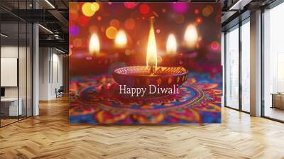 illustation of Diwali festival of lights tradition Diya oil lamps against dark background
A traditional Indian art of decorating the entrance to a house. Diwali festival holiday design. 
 Wall mural