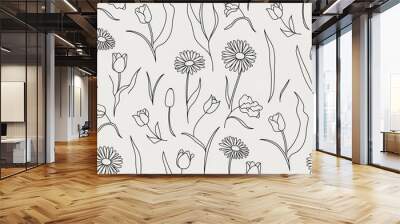 Minimalist Floral: A modern, minimalist floral pattern with simple line art of tulips and daisies, set against a white background, offering a clean, elegant aesthetic. Wall mural