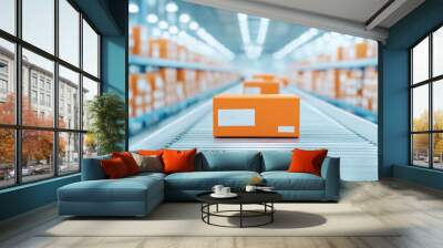 A clear view of an orange package on a conveyor belt in a modern warehouse, representing logistics and efficient supply chain management. Wall mural