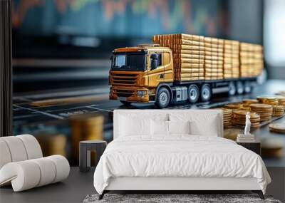 A miniature truck transporting gold coins on a financial graphic background, symbolizing trade and investment. Wall mural