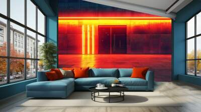 A modern entrance illuminated by striking red neon lights, creating a vivid urban atmosphere at night. Wall mural