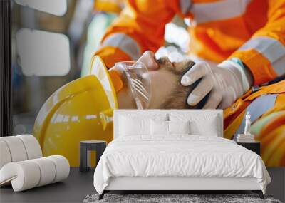 First aid response at a construction site. Worker applying medical assistance to an injured colleague wearing safety gear and helmet. Wall mural