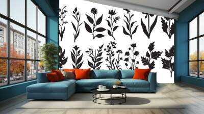 set of black flowers , Wild plants and garden flowers silhouettes on white background ,  graphics trees elements outline symbol for architecture and landscape vector design Wall mural