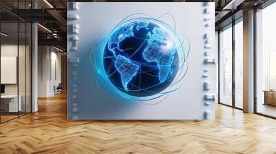 A stylized digital globe with network lines on a white background with abstract square patterns, representing global connectivity Wall mural