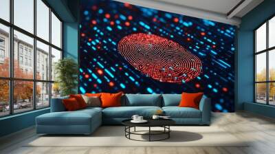 Fingerprint database visualized as a digital network, biometric database, cyber storage Wall mural