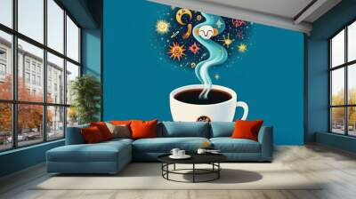 Illustration of a cosmic cup of coffee with zodiac signs swirling in the steam, whimsical and magical Wall mural