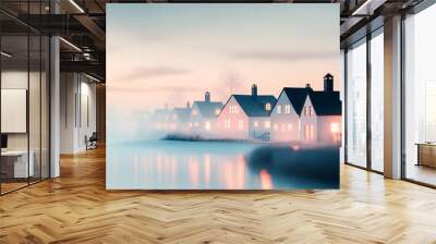 Quiet town, wrapped in fog, serene morning, 3D illustration Wall mural