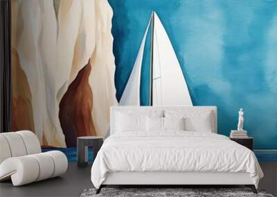 Sailboat in front of a dramatic cliff face, powerful sea, watercolor style Wall mural