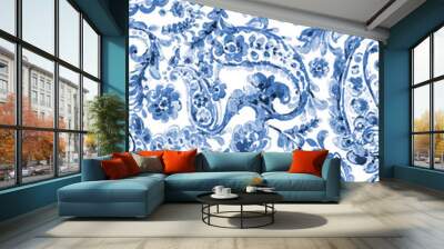 Seamless hand painted watercolour 
 Monochromatic paisley pattern Wall mural