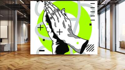 Modern geometric style with dots. Prayers hands sculpture.  Wall mural