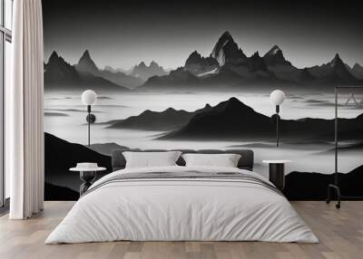 Monochrome Mountain Majesty, a striking abstract black and white landscape of towering mountains, their sharp peaks silhouetted against a gradient sky, Wall mural