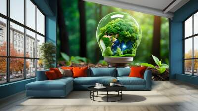 Eco-Friendly Light Bulb, Renewable Energy for Earth Day and Environmental Protection | Solar Panels & Forest Conservation Wall mural