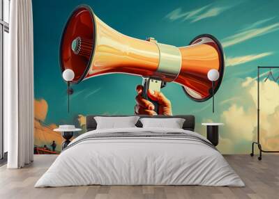 A hand holding a megaphone making an announcement Wall mural